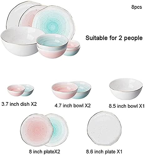 8 Pcs Dinnerware Sets, Irregular Porcelain Tableware Set With Plates Dish And Bowls, Pink Blue And White Ceramic Dinner Set