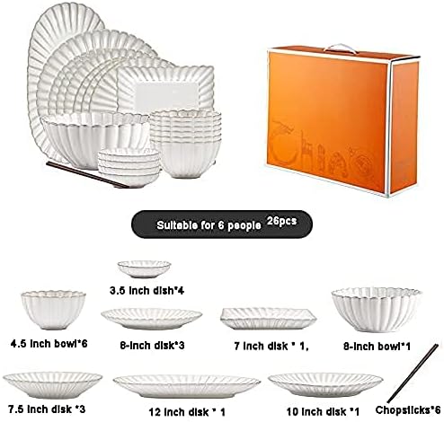 26 Pcs Dinnerware Sets,Porcelain Tableware Set with Plates and Bowls,White Ceramic Dinner Set for Home Kitchen and Dinning,Microwave and Dishwasher Safe,Service for 4(White 26pcs)