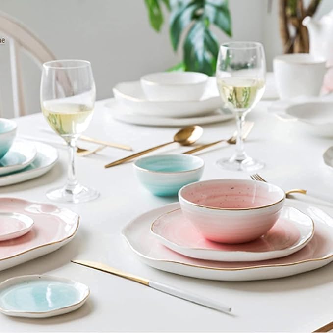 8 Pcs Dinnerware Sets, Irregular Porcelain Tableware Set With Plates Dish And Bowls, Pink Blue And White Ceramic Dinner Set