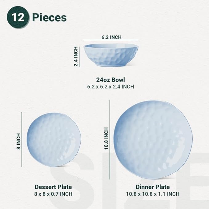HOMBENE Plates and Bowls Sets, Dinnerware Set 12 Piece Service Porcelain Dinnerware for 4, for Dessert Salad and Pasta, Celestial Blue Dishes