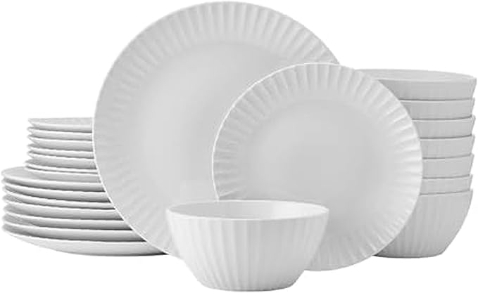 Pfaltzgraff Fluted Grace 24 Piece Porcelain Plate and Bowl Dinnerware Set, Service for 8, Fluted Design, Durable for Everyday Use, White