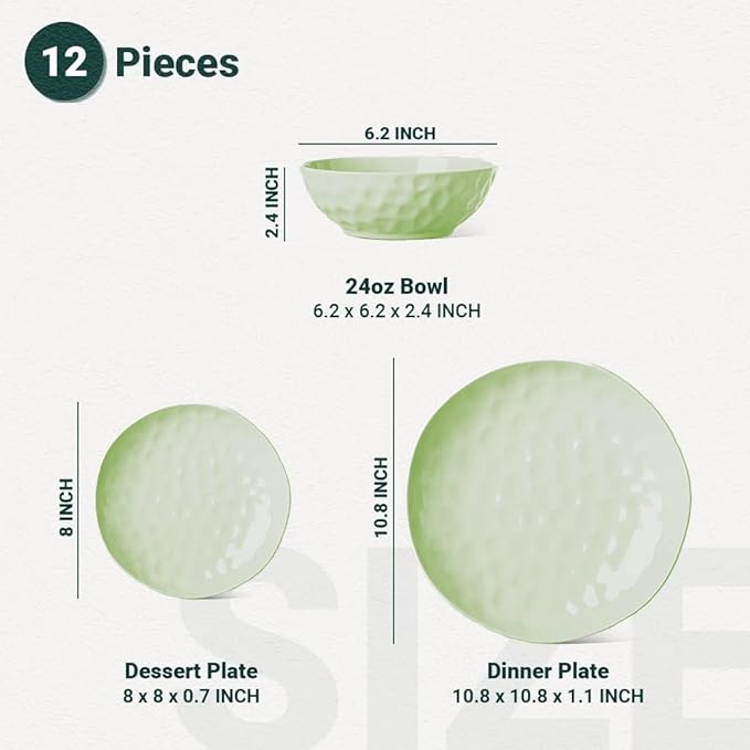 HOMBENE Plates and Bowls Sets, Dinnerware Set 12 Piece Service Porcelain Dinnerware for 4, for Dessert Salad and Pasta, Mint Glow Green Dishes