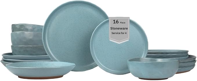 Sango 16-Piece Stoneware Dinnerware Set for 4, Semi-Matte Teal Plates and Bowls Sets with Rustic Speckled Glaze, Ceramic Dish Set, Elegant Boho Farmhouse Dishes, Microwave & Dishwasher Safe, Kaya Blue