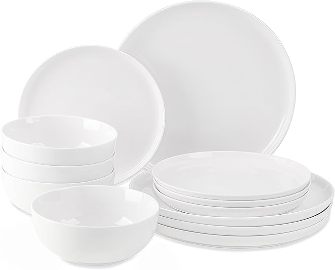 Plates and Bowls Sets, 12 Pieces Dinnerware Sets, Ceramic Dishes Set for 4, White Kitchen Dishware Set, Microwave and Dishwasher Safe