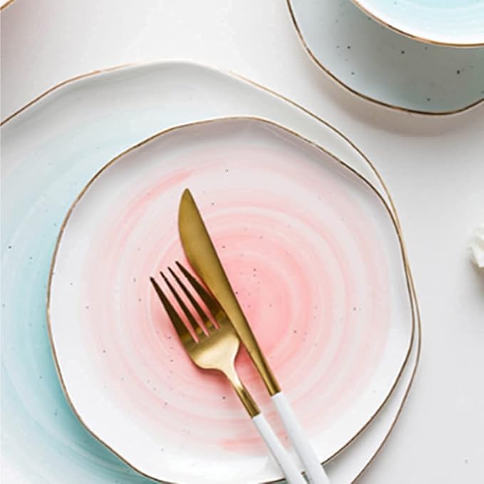 8 Pcs Dinnerware Sets, Irregular Porcelain Tableware Set With Plates Dish And Bowls, Pink Blue And White Ceramic Dinner Set