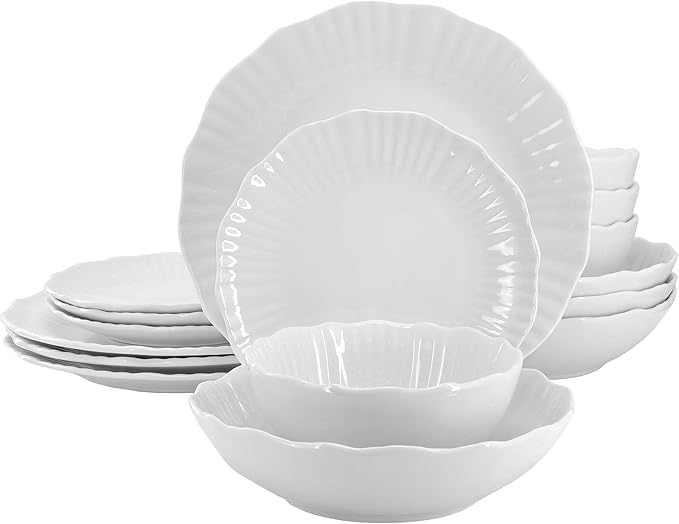 Elama Millie 16 Piece Scalloped Double Bowl Porcelain White Dinnerware Set, Serveware, Tableware, Bowls, Plate Set (Millie)