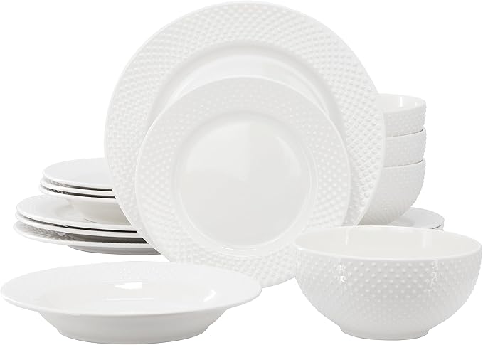 Elama Kim 16 Piece Hobnail Double Bowl Porcelain White Dinnerware Set, Serveware, Tableware, Bowls, Plate Set (Kim)