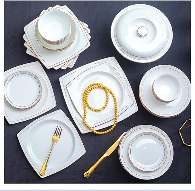 36PCS Ceramic Dinnerware Set Tableware Dishes Plates Ceramic Combination Dinner Service Set Porcelaine Service for 6 White with Gold Edge Luxury Tableware Set,R