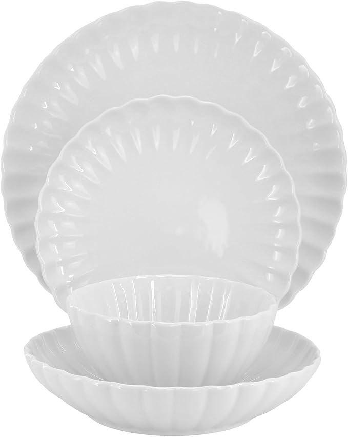 Elama Jane 16 Piece Scalloped Double Bowl Porcelain White Dinnerware Set, Serveware, Tableware, Bowls, Plate Set (Jane)