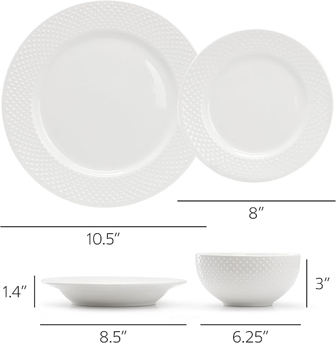 Elama Kim 16 Piece Hobnail Double Bowl Porcelain White Dinnerware Set, Serveware, Tableware, Bowls, Plate Set (Kim)