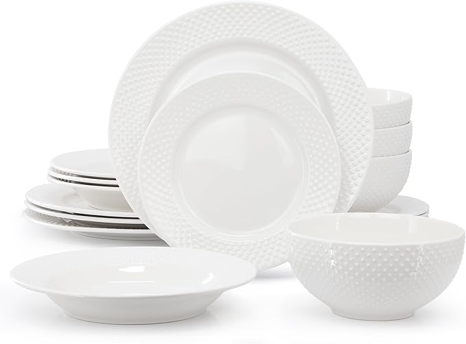 Elama Kim 16 Piece Hobnail Double Bowl Porcelain White Dinnerware Set, Serveware, Tableware, Bowls, Plate Set (Kim)