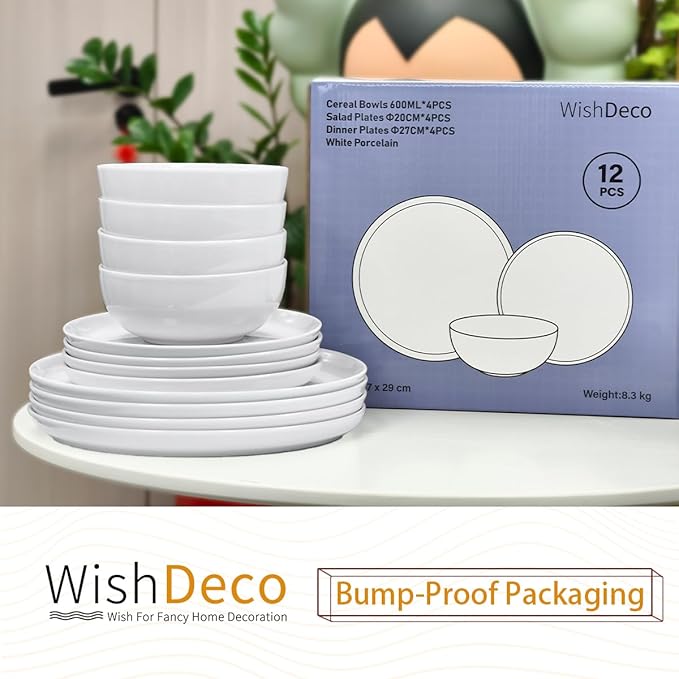 Plates and Bowls Sets, 12 Pieces Dinnerware Sets, Ceramic Dishes Set for 4, White Kitchen Dishware Set, Microwave and Dishwasher Safe