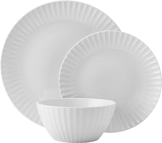 Pfaltzgraff Fluted Grace 24 Piece Porcelain Plate and Bowl Dinnerware Set, Service for 8, Fluted Design, Durable for Everyday Use, White