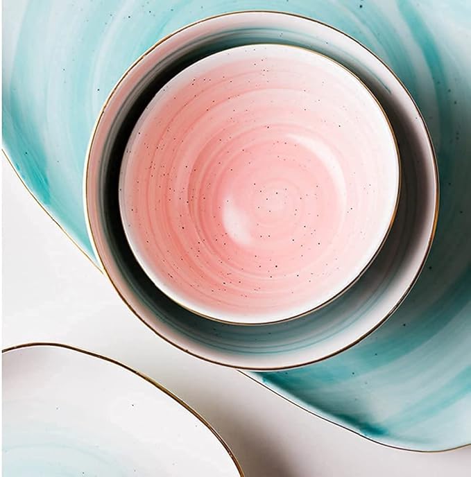 8 Pcs Dinnerware Sets, Irregular Porcelain Tableware Set With Plates Dish And Bowls, Pink Blue And White Ceramic Dinner Set