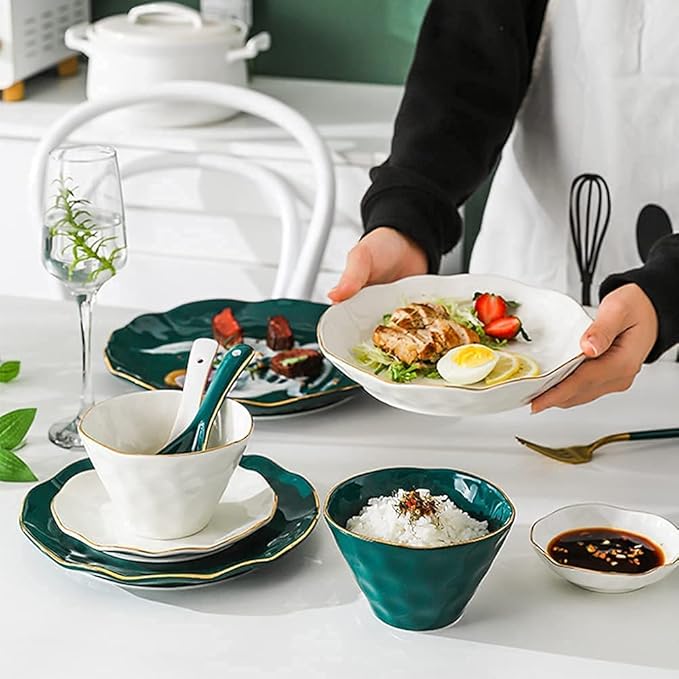 Dinner Set, Special Restaurant Dinnerware Set, 52 Pcs Dinnerware Sets, Tableware Set with Plates Dish and Bowls, Green White Ceramic Dinner Set with Gold,