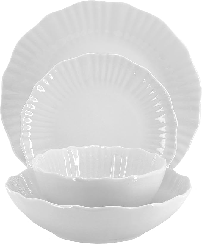 Elama Millie 16 Piece Scalloped Double Bowl Porcelain White Dinnerware Set, Serveware, Tableware, Bowls, Plate Set (Millie)