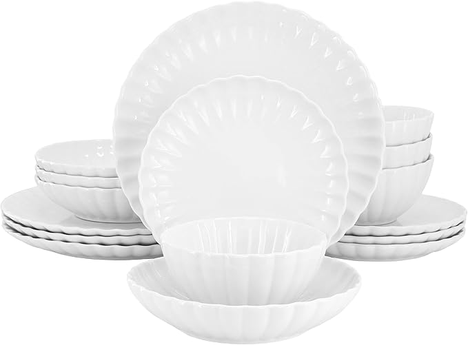 Elama Jane 16 Piece Scalloped Double Bowl Porcelain White Dinnerware Set, Serveware, Tableware, Bowls, Plate Set (Jane)