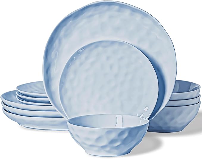 HOMBENE Plates and Bowls Sets, Dinnerware Set 12 Piece Service Porcelain Dinnerware for 4, for Dessert Salad and Pasta, Celestial Blue Dishes