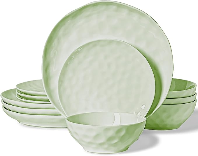 HOMBENE Plates and Bowls Sets, Dinnerware Set 12 Piece Service Porcelain Dinnerware for 4, for Dessert Salad and Pasta, Mint Glow Green Dishes