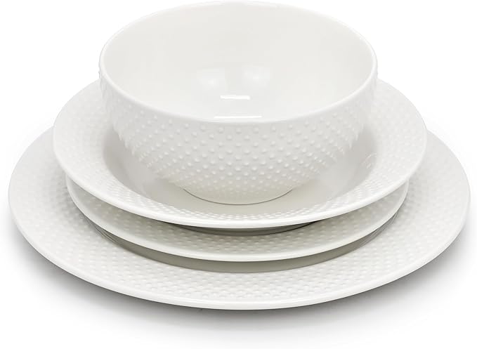 Elama Kim 16 Piece Hobnail Double Bowl Porcelain White Dinnerware Set, Serveware, Tableware, Bowls, Plate Set (Kim)