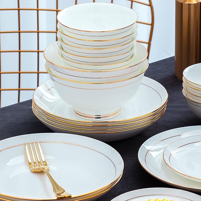 36PCS Ceramic Dinnerware Set Tableware Dishes Plates Ceramic Combination Dinner Service Set Porcelaine Service for 6 White with Gold Edge Luxury Tableware Set,R