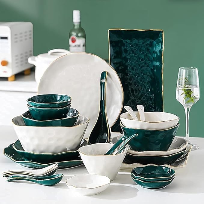Dinner Set, Special Restaurant Dinnerware Set, 52 Pcs Dinnerware Sets, Tableware Set with Plates Dish and Bowls, Green White Ceramic Dinner Set with Gold,