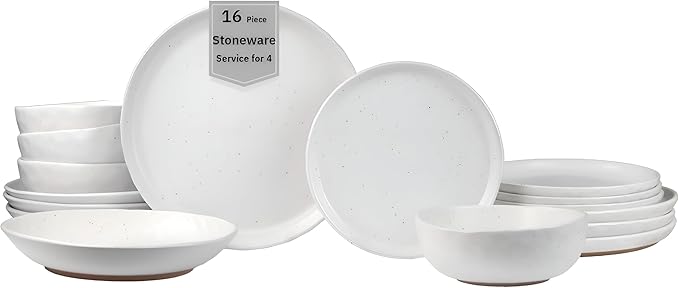 Sango 16-Piece Boho Farmhouse Stoneware Dinnerware Set for 4, Semi-Matte White Plates and Bowls Sets with Rustic Speckled Glaze, Ceramic Dish Set, Modern Dishes, Microwave & Dishwasher Safe, Kaya