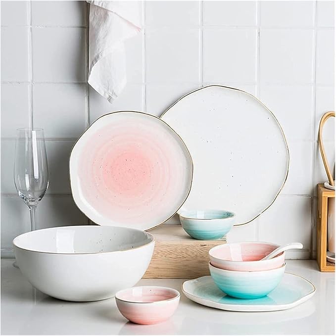 8 Pcs Dinnerware Sets, Irregular Porcelain Tableware Set With Plates Dish And Bowls, Pink Blue And White Ceramic Dinner Set
