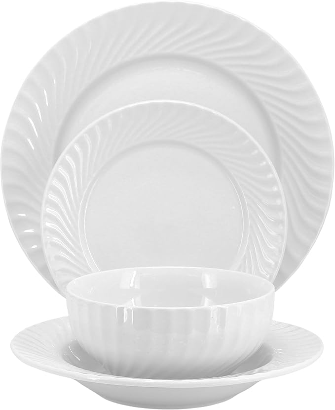 Elama Julia 16 Piece Scalloped Double Bowl Porcelain White Dinnerware Set, Serveware, Tableware, Bowls, Plate Set (Julia)