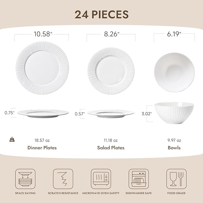 KINGSTONE Bone China Dinnerware Set, 24-Piece White Lightweight Porcelain with Textured Design Service for 8, Plates, Bowls, for Family Dining, Restaurants, Gifting，Microwave and Dishwasher Safe