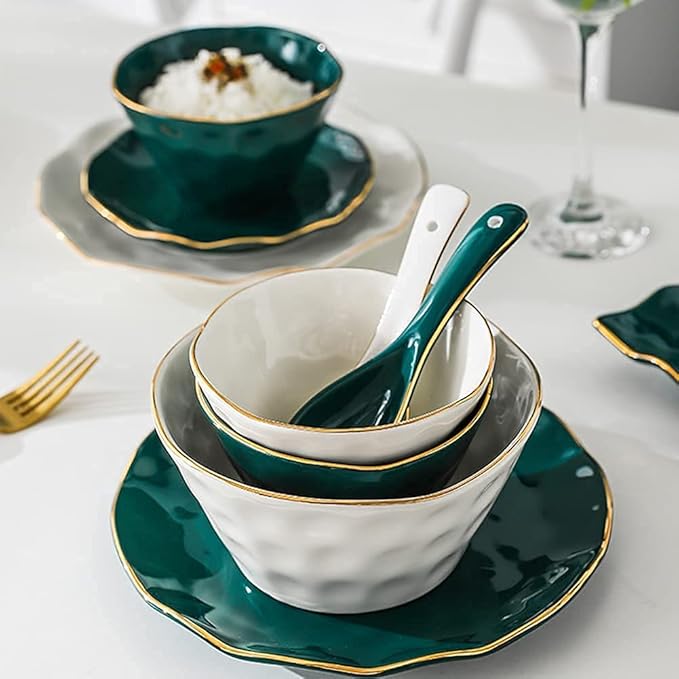 Dinner Set, Special Restaurant Dinnerware Set, 52 Pcs Dinnerware Sets, Tableware Set with Plates Dish and Bowls, Green White Ceramic Dinner Set with Gold,