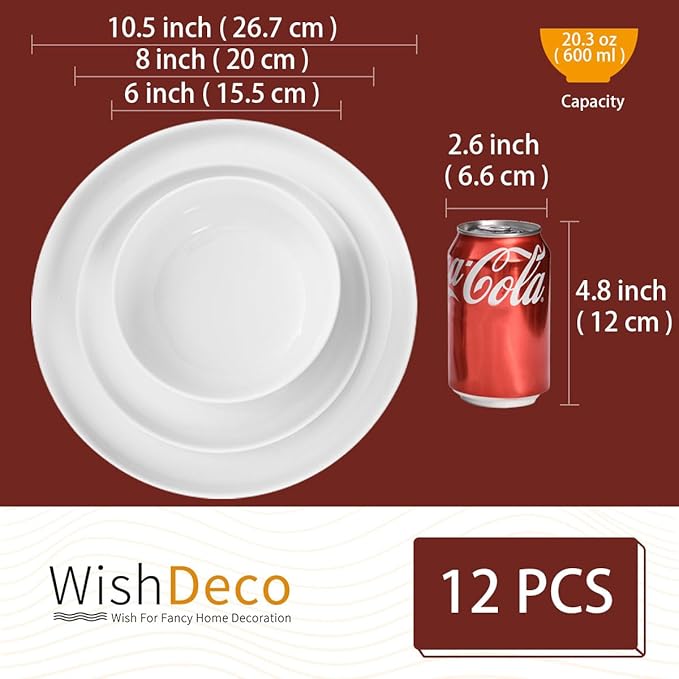 Plates and Bowls Sets, 12 Pieces Dinnerware Sets, Ceramic Dishes Set for 4, White Kitchen Dishware Set, Microwave and Dishwasher Safe