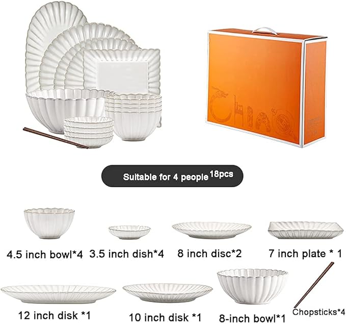 26 Pcs Dinnerware Sets,Porcelain Tableware Set with Plates and Bowls,White Ceramic Dinner Set for Home Kitchen and Dinning,Microwave and Dishwasher Safe,Service for 4(White 18pcs)