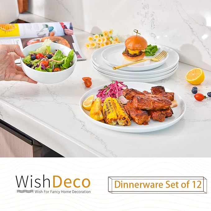 Plates and Bowls Sets, 12 Pieces Dinnerware Sets, Ceramic Dishes Set for 4, White Kitchen Dishware Set, Microwave and Dishwasher Safe