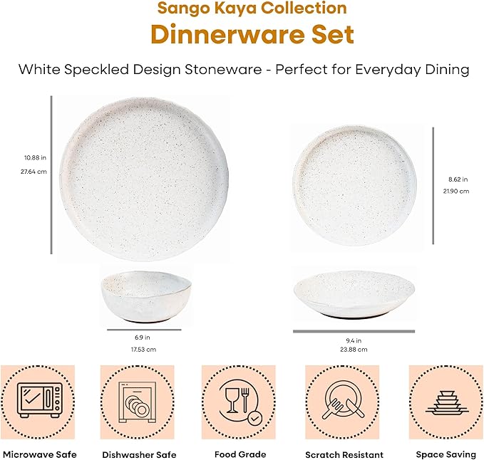 Sango 16-Piece Boho Farmhouse Stoneware Dinnerware Set for 4, Semi-Matte White Plates and Bowls Sets with Rustic Speckled Glaze, Ceramic Dish Set, Modern Dishes, Microwave & Dishwasher Safe, Kaya