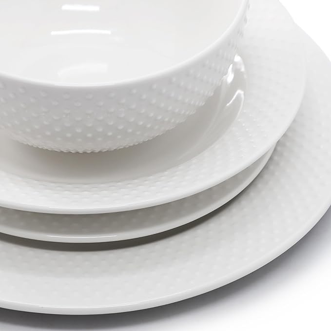 Elama Kim 16 Piece Hobnail Double Bowl Porcelain White Dinnerware Set, Serveware, Tableware, Bowls, Plate Set (Kim)