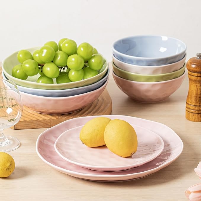 HOMBENE Plates and Bowls Sets, Dinnerware Set 12 Piece Service Porcelain Dinnerware for 4, for Dessert Salad and Pasta, Mint Glow Green Dishes