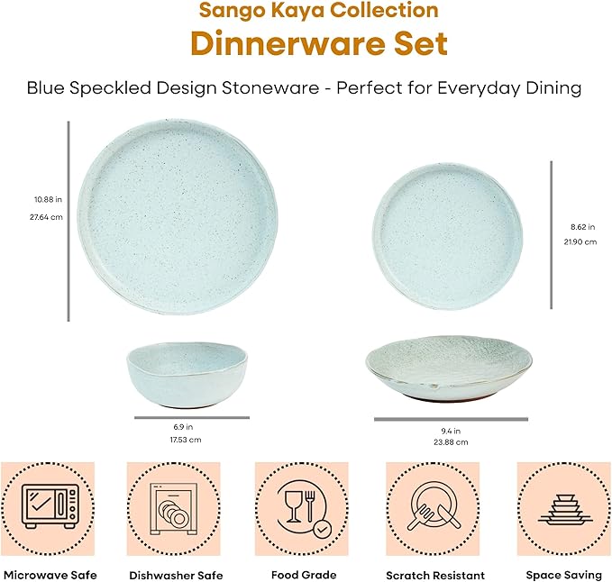 Sango 16-Piece Stoneware Dinnerware Set for 4, Semi-Matte Teal Plates and Bowls Sets with Rustic Speckled Glaze, Ceramic Dish Set, Elegant Boho Farmhouse Dishes, Microwave & Dishwasher Safe, Kaya Blue