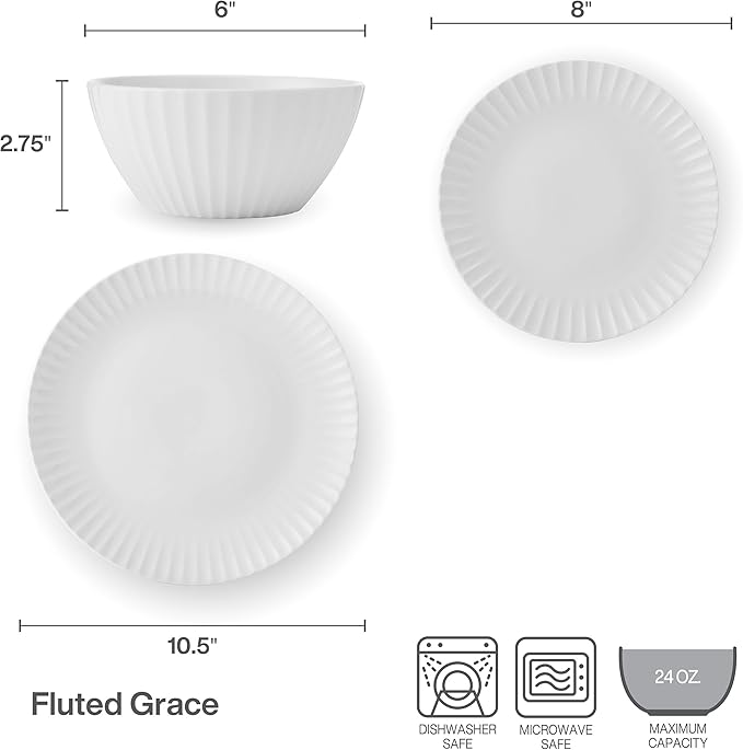 Pfaltzgraff Fluted Grace 24 Piece Porcelain Plate and Bowl Dinnerware Set, Service for 8, Fluted Design, Durable for Everyday Use, White