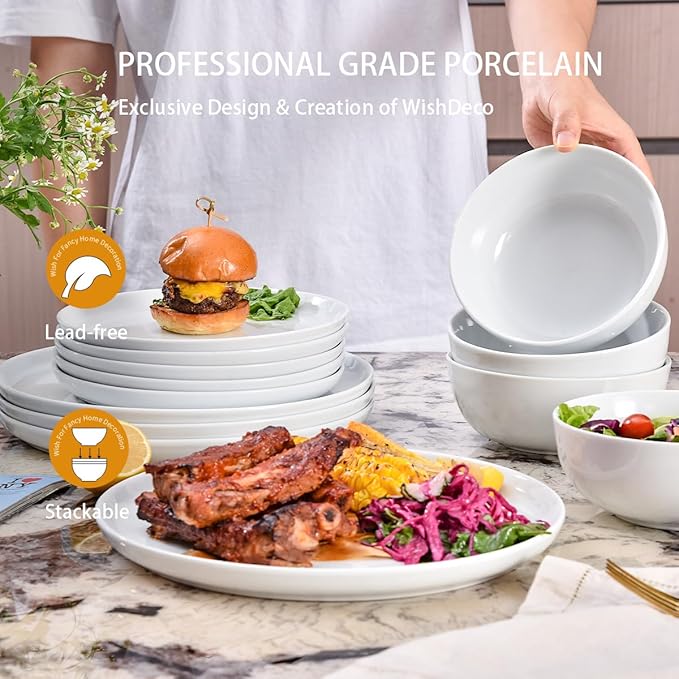 Plates and Bowls Sets, 12 Pieces Dinnerware Sets, Ceramic Dishes Set for 4, White Kitchen Dishware Set, Microwave and Dishwasher Safe