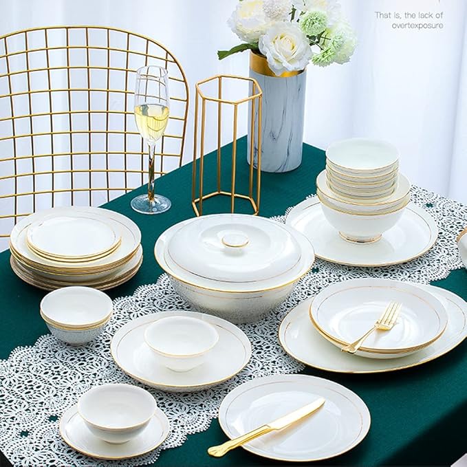 36PCS Ceramic Dinnerware Set Tableware Dishes Plates Ceramic Combination Dinner Service Set Porcelaine Service for 6 White with Gold Edge Luxury Tableware Set,R