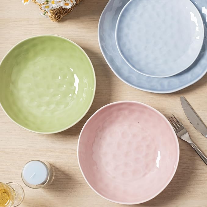 HOMBENE Plates and Bowls Sets, Dinnerware Set 12 Piece Service Porcelain Dinnerware for 4, for Dessert Salad and Pasta, Mint Glow Green Dishes