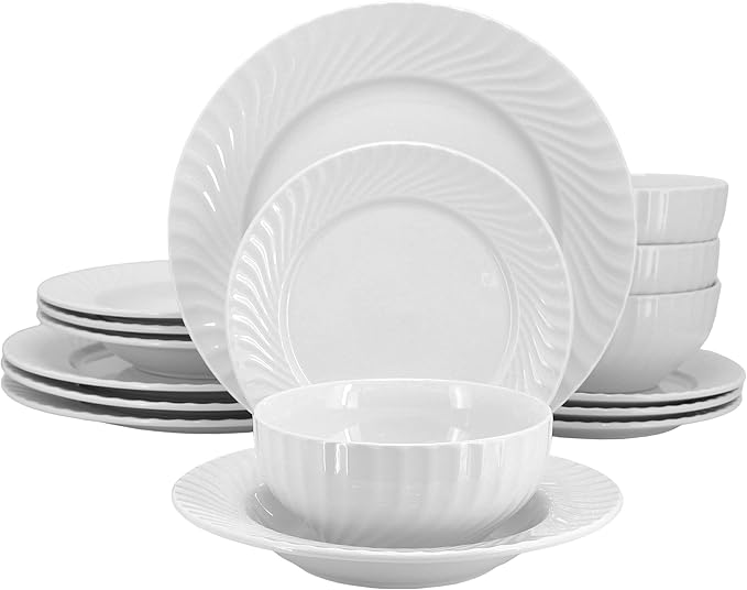 Elama Julia 16 Piece Scalloped Double Bowl Porcelain White Dinnerware Set, Serveware, Tableware, Bowls, Plate Set (Julia)