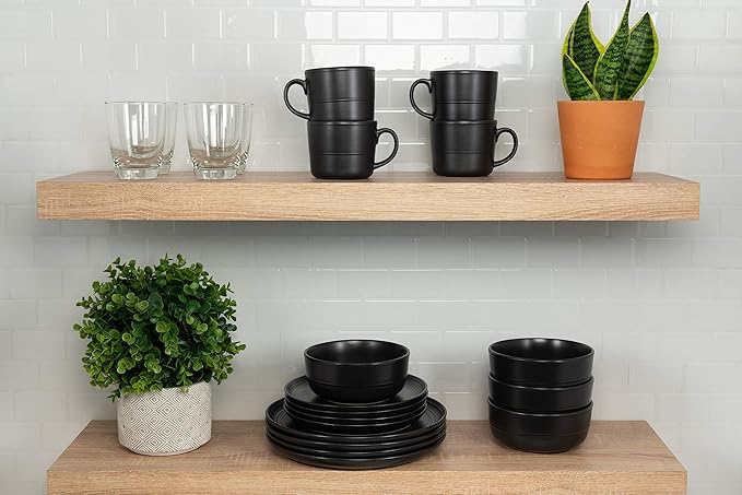 10 Strawberry Street Double Line 16 Piece Dinnerware Set, Matte Black