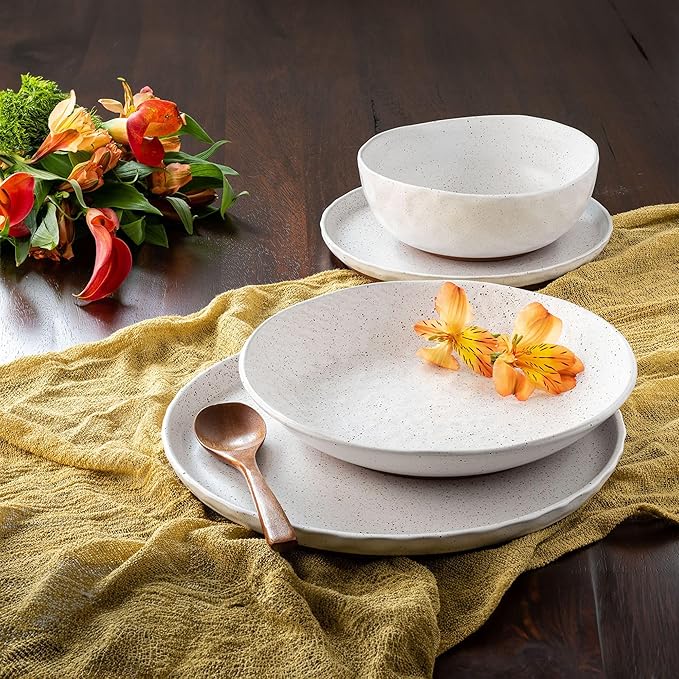 Sango 16-Piece Boho Farmhouse Stoneware Dinnerware Set for 4, Semi-Matte White Plates and Bowls Sets with Rustic Speckled Glaze, Ceramic Dish Set, Modern Dishes, Microwave & Dishwasher Safe, Kaya