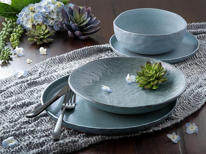 Sango 16-Piece Stoneware Dinnerware Set for 4, Semi-Matte Teal Plates and Bowls Sets with Rustic Speckled Glaze, Ceramic Dish Set, Elegant Boho Farmhouse Dishes, Microwave & Dishwasher Safe, Kaya Blue